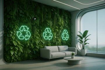 Eco-Friendly Office Space: A modern office space adorned with a vibrant green wall, illuminated recycling symbols, and natural light, symbolizing environmental consciousness and sustainable design.
