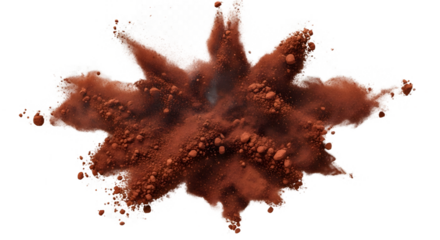 Earthy orange and brown powder explosion creating an abstract dust cloud. Frozen motion capture of fine particles, isolated on a white background for easy design