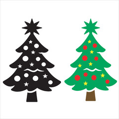 Christmas Tree Icon Set: Decorated Evergreen Silhouette and Color Vector Graphic for Holidays
