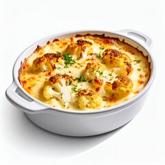 Creamy baked cauliflower au gratin with golden crust in a casserole dish isolated on white