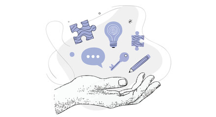 A hand holding various icons representing ideas, problem-solving, and communication, including puzzle pieces, a lightbulb, a speech bubble, a key, and a pencil.