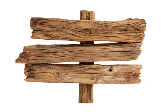 Rustic wooden sign on transparent background representing direction guidance or natural aesthetics