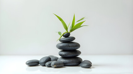 Obraz premium Zen garden balance stacked smooth stones support a delicate green sprout against a soft gray background