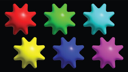 Set of Colorful 3D Eight Pointed Star Shapes on Black Background – Red, Green, Cyan, Yellow, Blue, and Pink Glossy Abstract Geometric Symbols for Modern Design and Digital Art