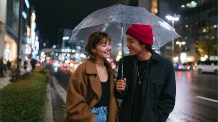 Young asian couple smiling under umbrella on rainy urban night