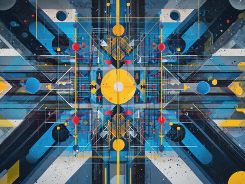 Abstract Geometric Blue Yellow Red Digital Painting: Modern, Energetic, Symmetrical Design - Powered by Adobe