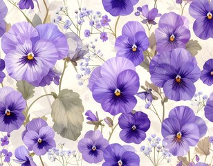 Delicate floral pattern of pansies and small flowers