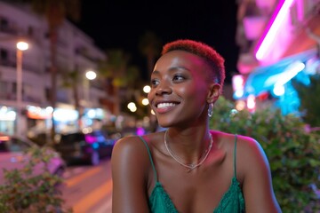 Young african female smiling at night in vibrant city street with neon lights
