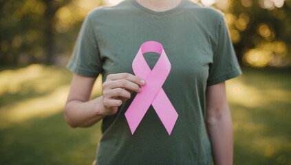 Hand holding pink ribbon symbol of breast cancer awareness, support and prevention concept with sunlight background for health campaigns and fundraising initiatives