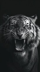 Obraz premium A close-up, dramatic portrait of a tiger's fierce expression, showcasing powerful jaw and teeth.