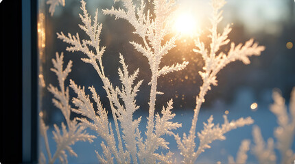 Obraz premium Golden sunlight illuminates delicate frost patterns on dried grasses against a blurred winter background