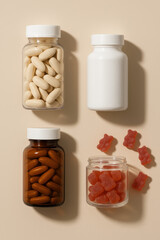 Vitamin Supplements Array: A curated arrangement of diverse vitamin supplement bottles showcasing health essentials and wellness. capturing the essence of well-being.