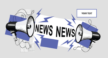 Retro-style illustration of two megaphones shouting the word 'news' with lightning bolts, on a collage background with a text box.