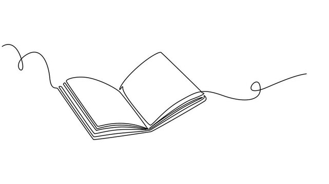 Animation of a single line drawing of a book. Continuous contour movement of a book. Continuous video with one line, Animated continuous one line drawing of an open book creating itself in real time. 
