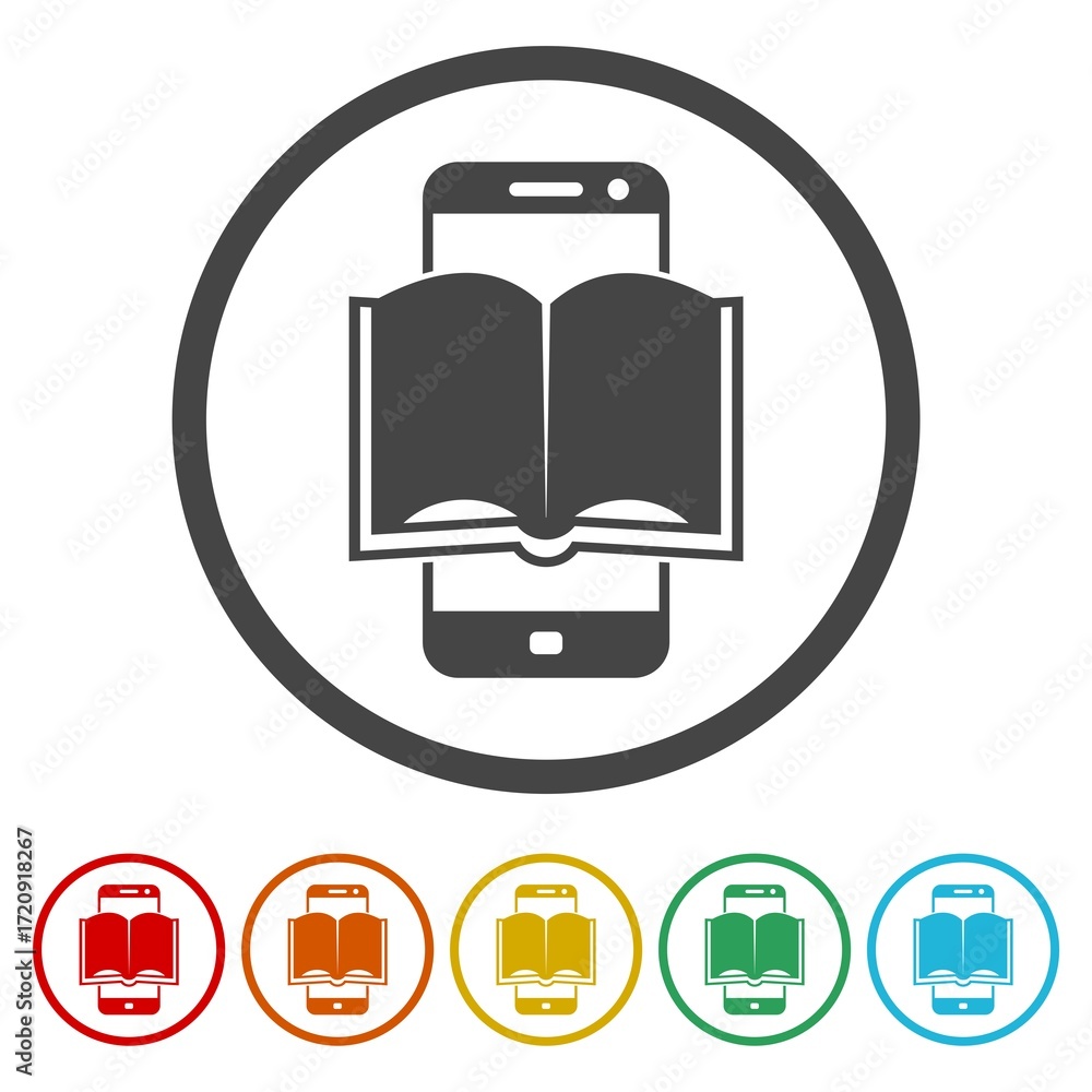 Poster e book icons isolated on white background. set icons in color circle buttons
