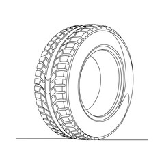 Car tire in minimalist black line art on white background