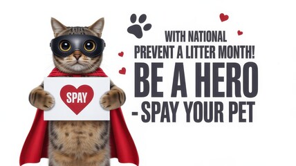 Celebrate prevent a litter month with a superhero cat encouraging pet spaying for a better future. National Prevent a Litter Month