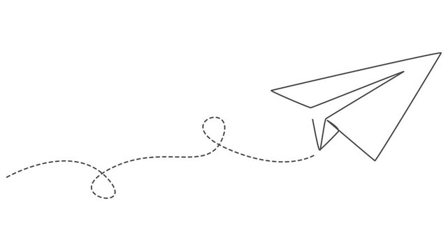 paper plane continuous one line drawing animation, Paper airplane flight continuous line drawing animated video, Paper plane continuous single one line drawing animation isolated on white background. 