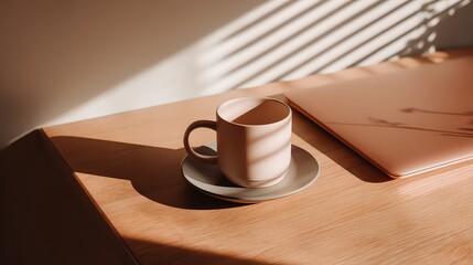 Warm Sunlight Illuminates a Beige Mug and Laptop on Wooden Desk