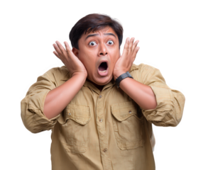 Surprised man shock expression hands on face brown shirt adult male isolated background emotional reaction wide eyes open mouth casual clothing