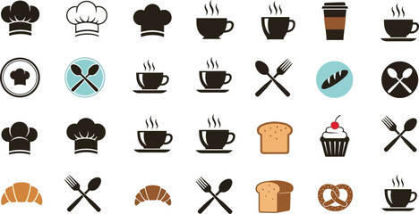 Collection of bakery and cafe related icons including chef hats coffee cups and baked goods items