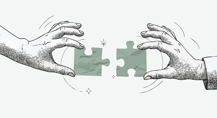 Illustration of two hands reaching for puzzle pieces, symbolizing connection and collaboration.