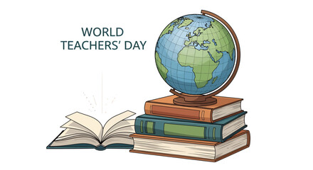 World Teachers' Day illustration with a globe on a stack of books and an open book, symbolizing knowledge and education.