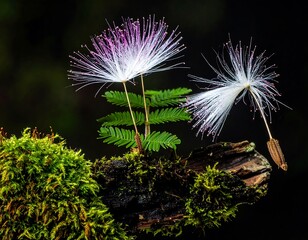 Delicate flowers sprouting from a mossy log