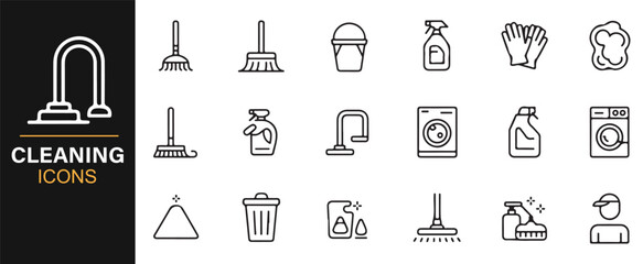 Cleaning tool icons collection outline mop bucket gloves flat line design