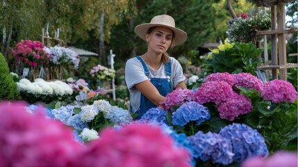 Young caucasian female in flower garden wearing straw hat and denim overalls surrounded by vibrant hydrangeas