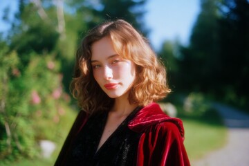 Young caucasian female in red coat outdoors in sunlit garden setting
