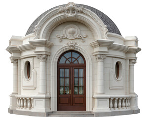 Obraz premium Elegant mansion window design with arched doorway, ornate stonework, classical columns, and decorative dome roof, exuding luxury and sophistication in architectural style