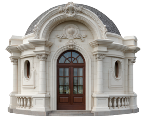 Elegant mansion window design with arched doorway, ornate stonework, classical columns, and decorative dome roof, exuding luxury and sophistication in architectural style