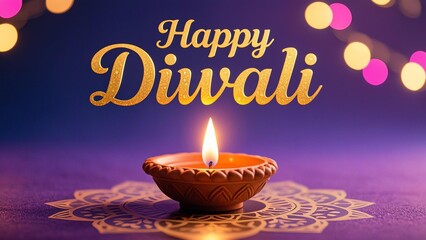 Photo-realistic clay diya with flickering flame on glossy surface, subtle mandala pattern, gradient deep purple to indigo background with soft golden and pink bokeh