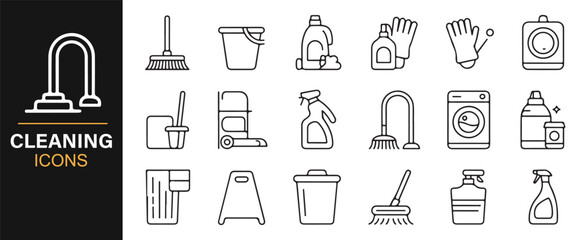 Cleaning supply icon pack editable stroke vector illustrations black and white