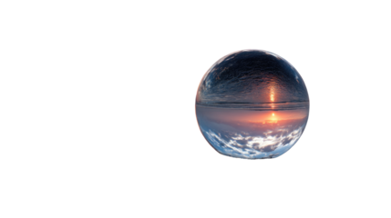 Sunrise reflected in a glass sphere with scenic view isolated on white background
