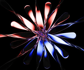 Neon glass flower shape with glowing red blue light effect on black background. Abstract floral pattern of transparent spiral lines in radiant colors. 3D geometric graphic wallpaper. 3D illustration
