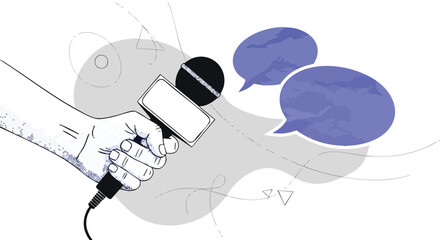 Hand holding microphone with speech bubbles, illustration for journalism or podcasting.