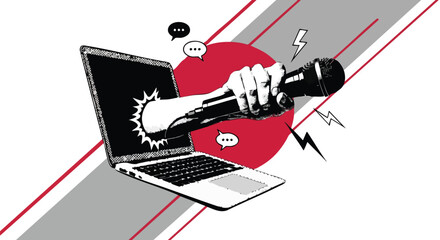 A hand holding a microphone bursts out of a laptop screen, symbolizing digital communication, podcasting, and online broadcasting.