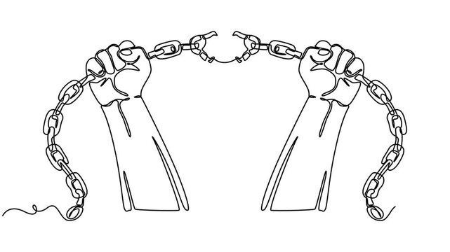 Abstract hand clenched into a fist, Self drawing animation one continuous line draw, logo, Animated self drawing of single continuous line drawing hands holding barbed wire. It's gone beyond the limit