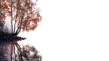 Sunrise over serene lake with calm water reflection isolated on white background