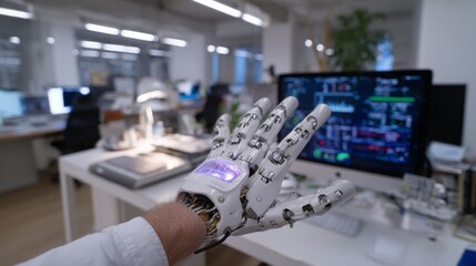 Young caucasian male with advanced robotic hand in a modern office environment