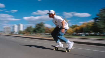 Young caucasian male skateboarding on an urban street under sunny skies