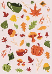 illustrations toutes douces d'automne avec champignon, feuilles, thé, café, noisette, potiron et courges