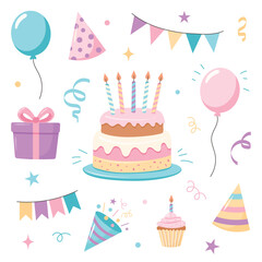 Cute cartoon birthday party elements set. Birthday cake, balloons, cupcake, gift, birthday hat, garlands. Vector illustration