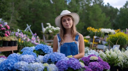Young caucasian woman in hat with hydrangeas at outdoor flower market