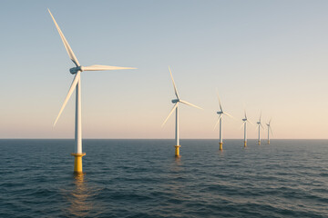 Offshore Wind Farm: A line of towering wind turbines gracefully standing in the ocean, a testament to sustainable energy solutions, generating power in a serene coastal setting.