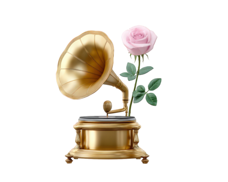 Golden gramophone with pink rose decoration, vintage music box, romantic gift, elegant floral accent, classic style, isolated on transparency background - Powered by Adobe