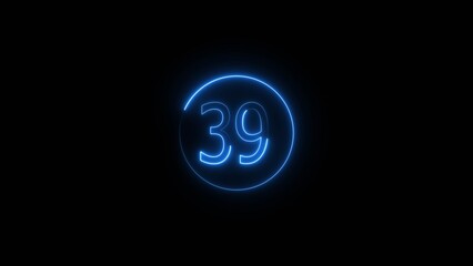 Glowing Neon number 39 icon animation. Neon number thirty nine sign background.