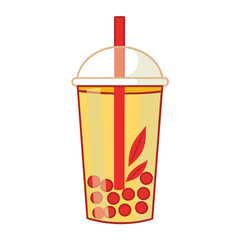 Yellow drink with red pearls and straw beverage